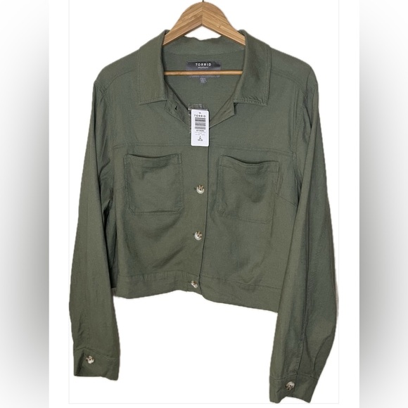 NWT Torrid Olive Green Linen Crop Patch Pocket Jacket Women’s Plus Size 2x - Picture 1 of 9